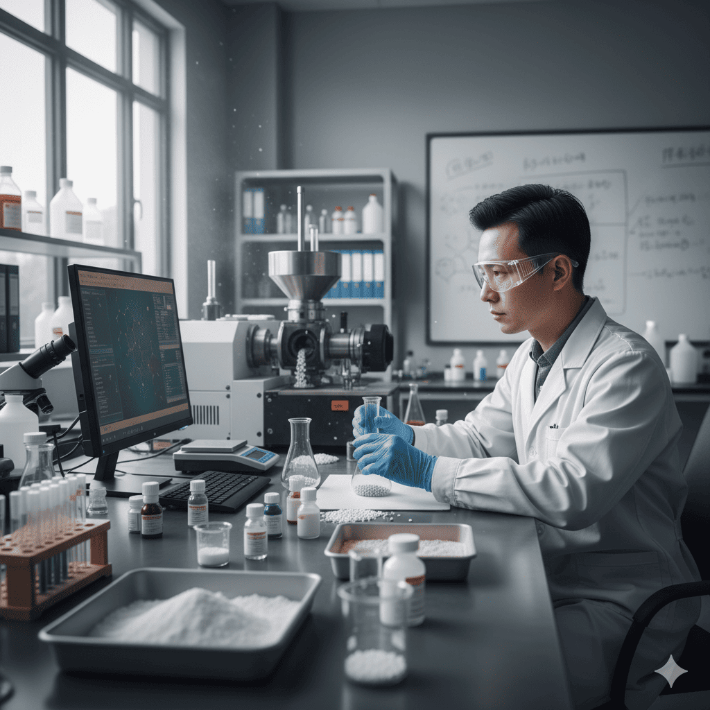 Technician testing the tensile strength of a PVC sample