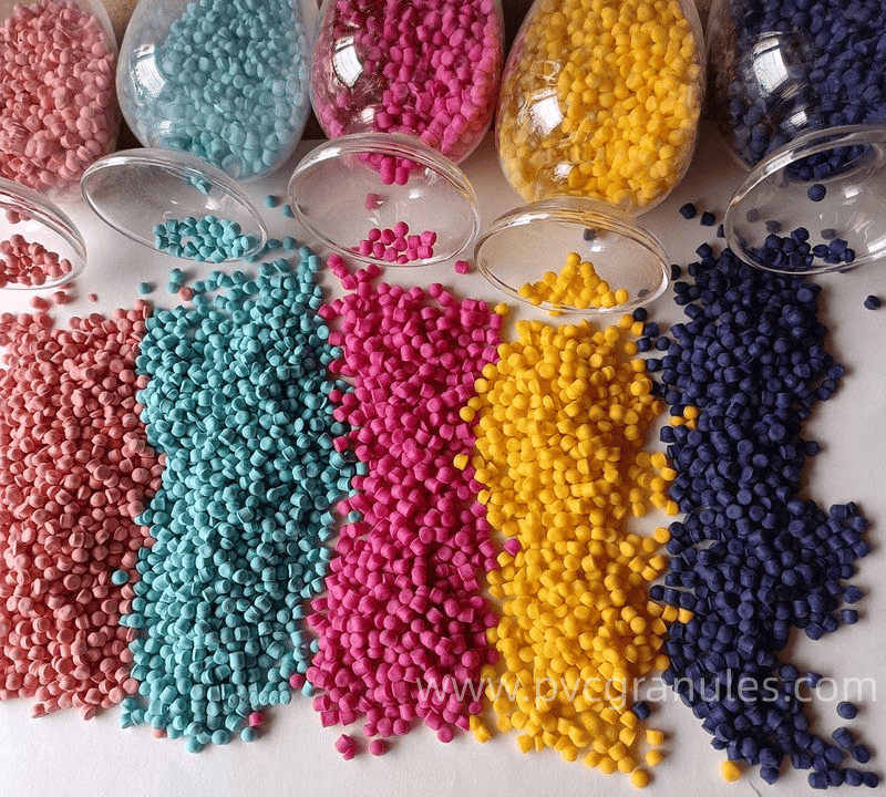 A close-up of colorful PVC compound pellets