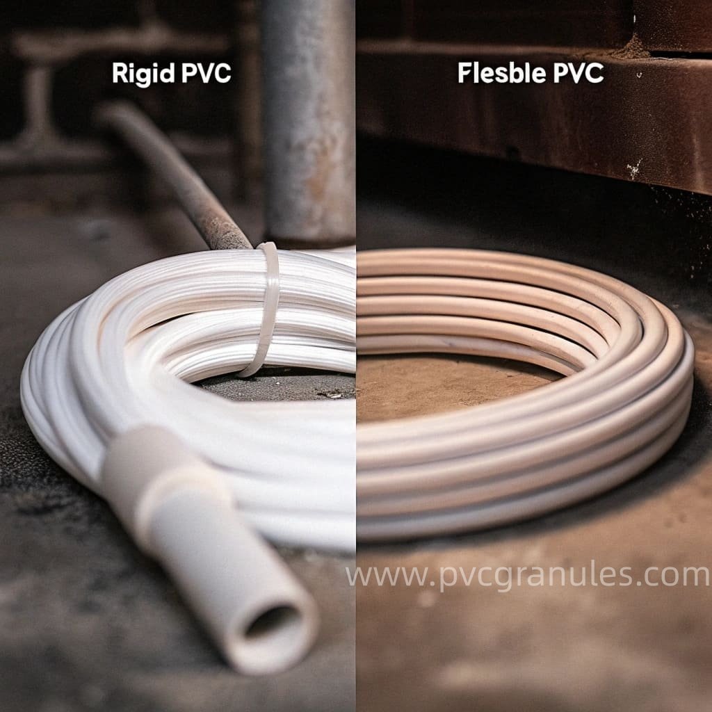 A side-by-side comparison of a rigid PVC pipe and a flexible PVC hose.