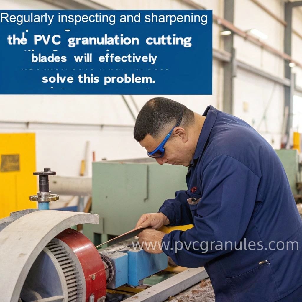 A technician inspecting and sharpening the blades of a PVC granulator.