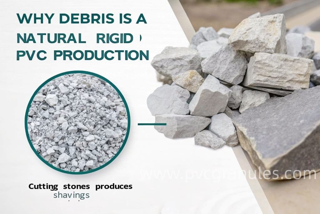 An illustration comparing the cutting of stone to the granulation of rigid PVC.